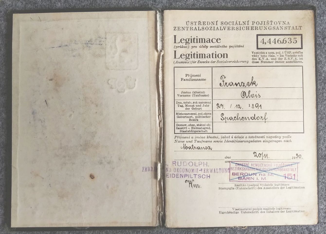 Ausweis Tschechoslowakei Beronn Bärn Pass 1930 Ausweis Tschechoslowakei Beronn Bärn Pass 1930