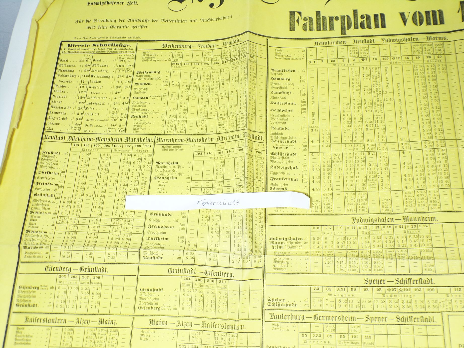 Fahrplan 1878 kgl bayerische pfälzische Eisebahn Original