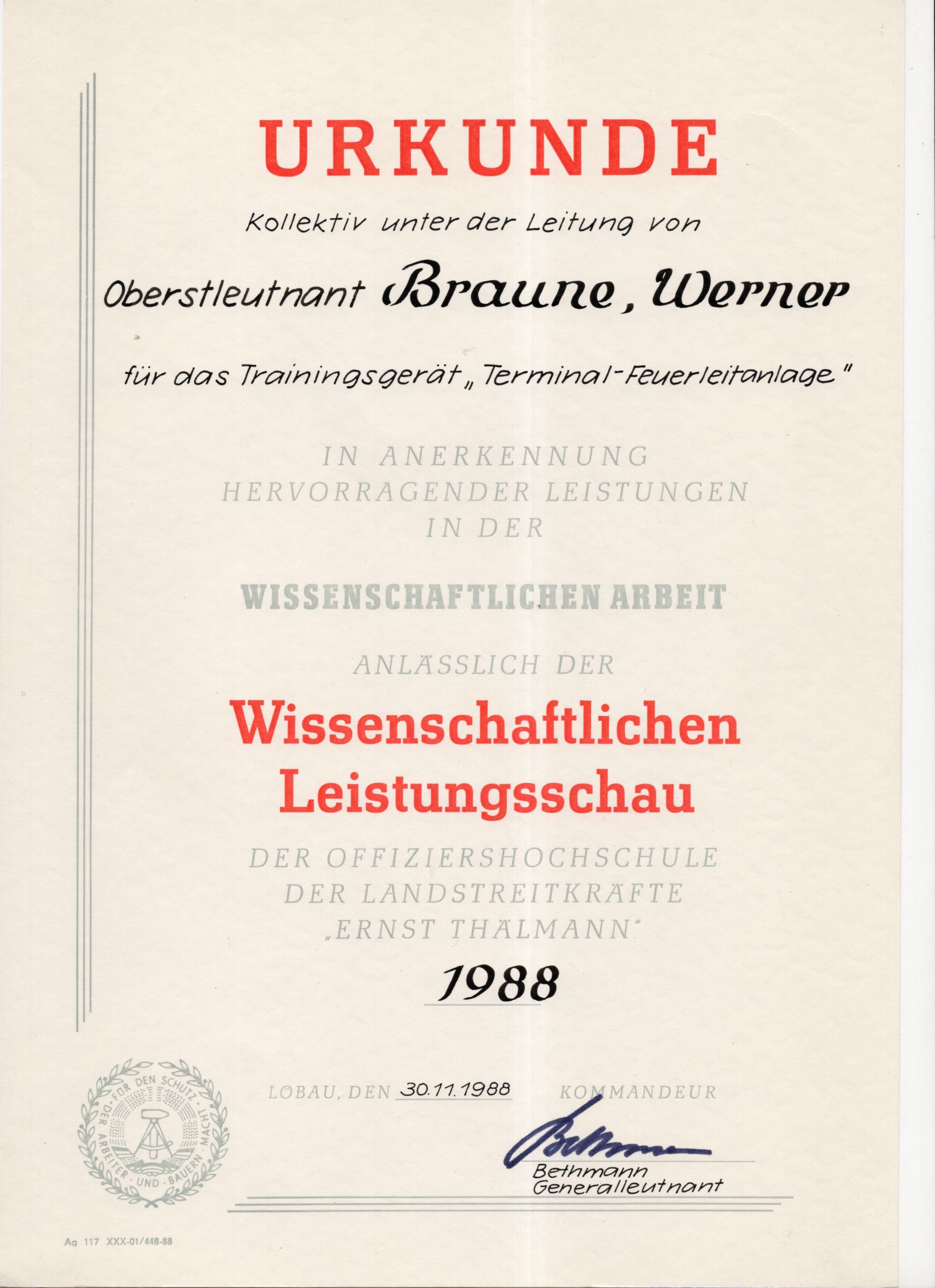 Urkunden Nachlass Offiziershochschule der Landstreitkräfte Ernst Thälmann Löbau