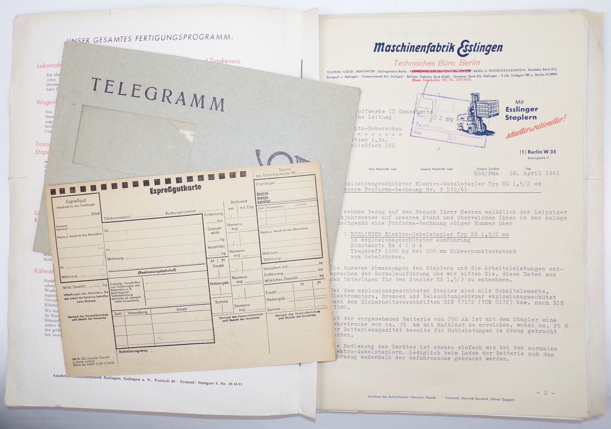Maschinenfabrik Esslingen Gabelstapler 1961 Transportfahrzeuge Berlin Mappe 