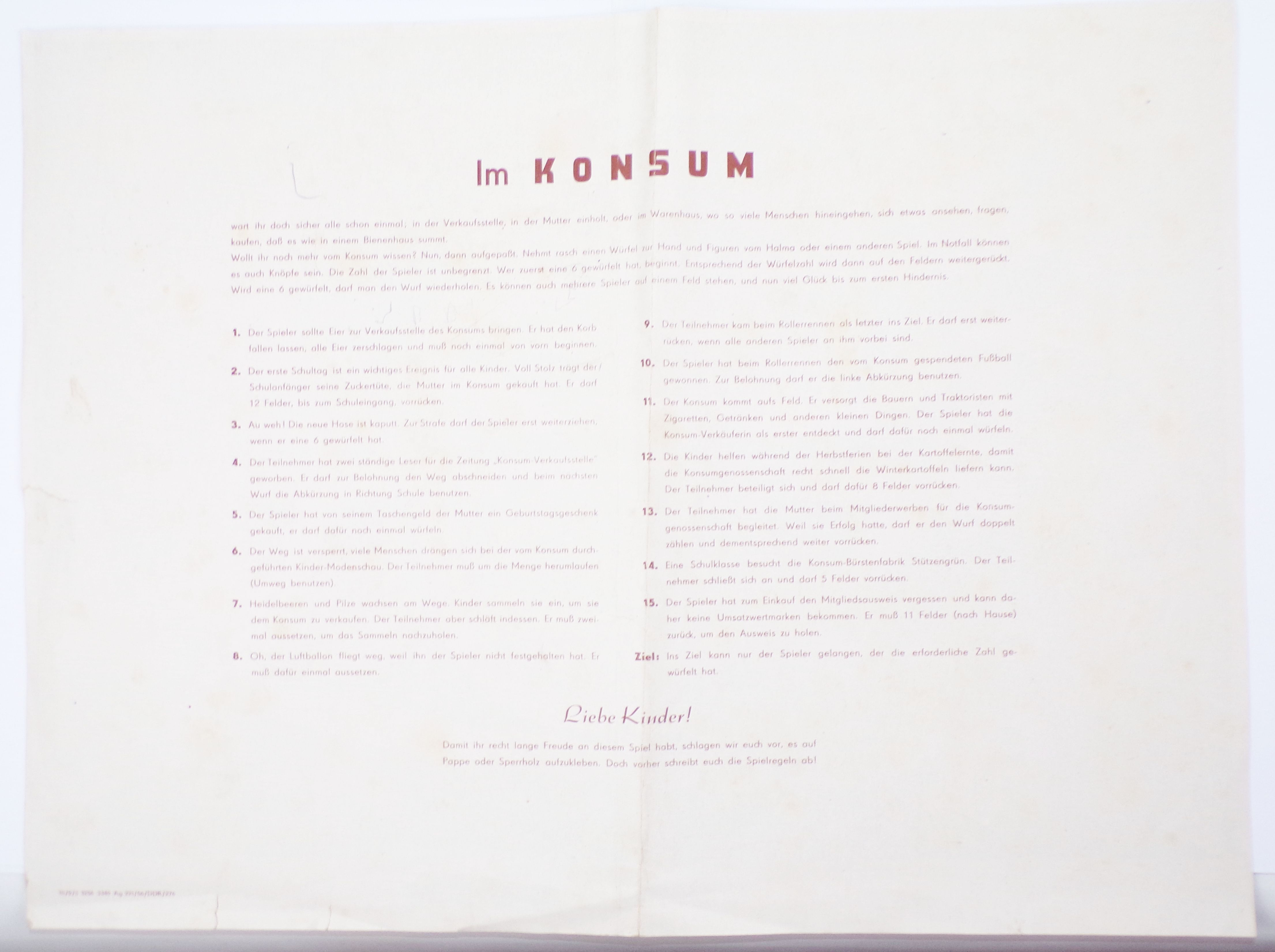 Konsum Spielbrett DDR Reklame 1956 Gesellschaftsspiel