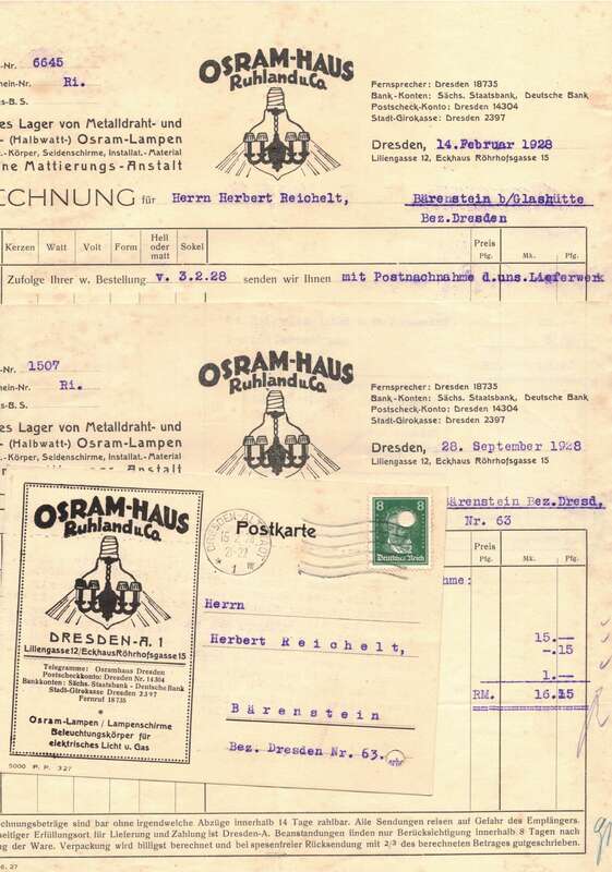 2 Rechnungen 1 Postkarte Osram Haus Ruhland u. Co. Dresden 1928