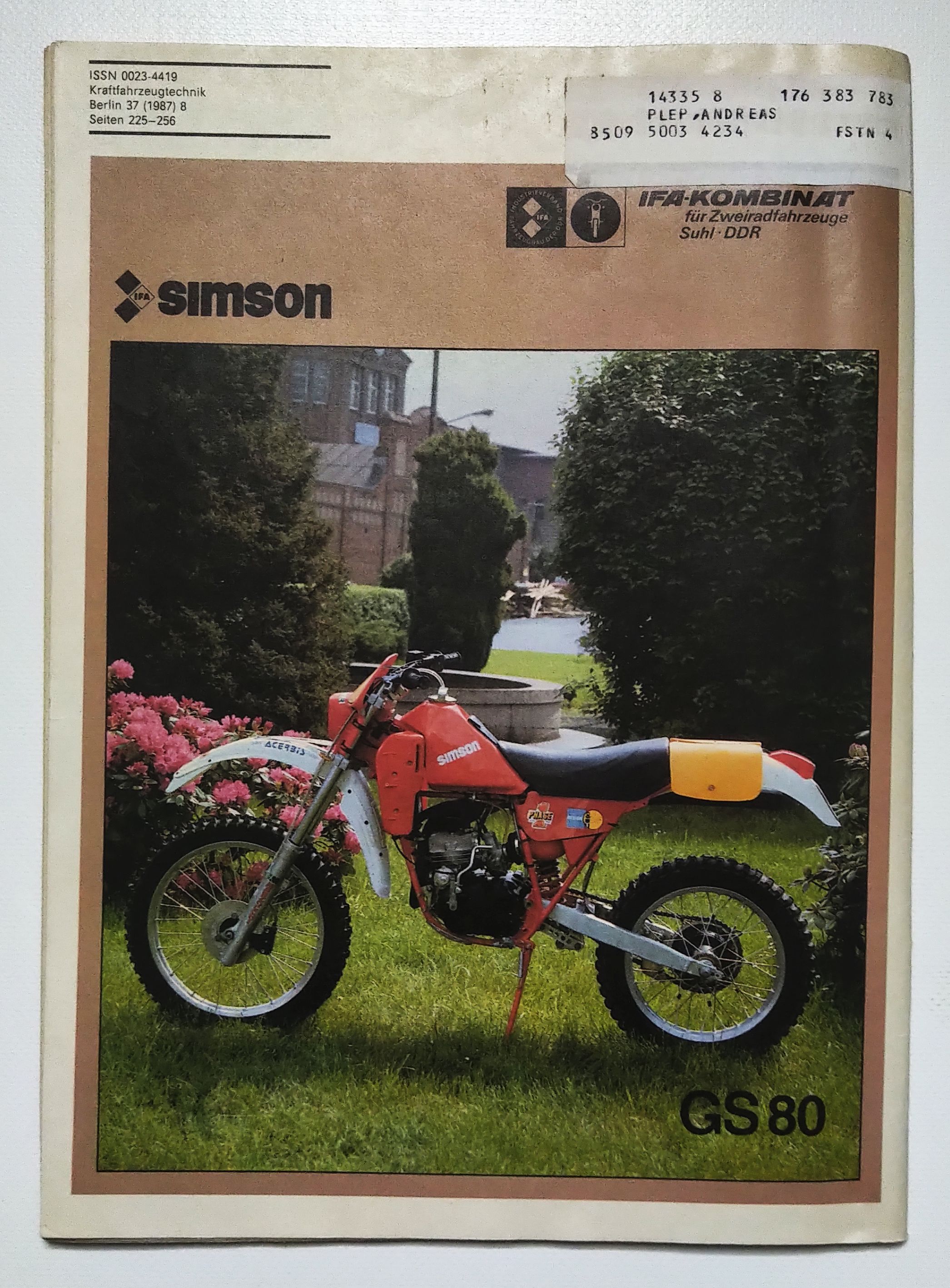 KFT Kraftfahrzeugtechnik Zeitschrift Nr 8 SIMSON GS80 Enduro Motorrad DDR KFT Kraftfahrzeugtechnik Zeitschrift Nr 8 SIMSON GS80 Enduro Motorrad DDR