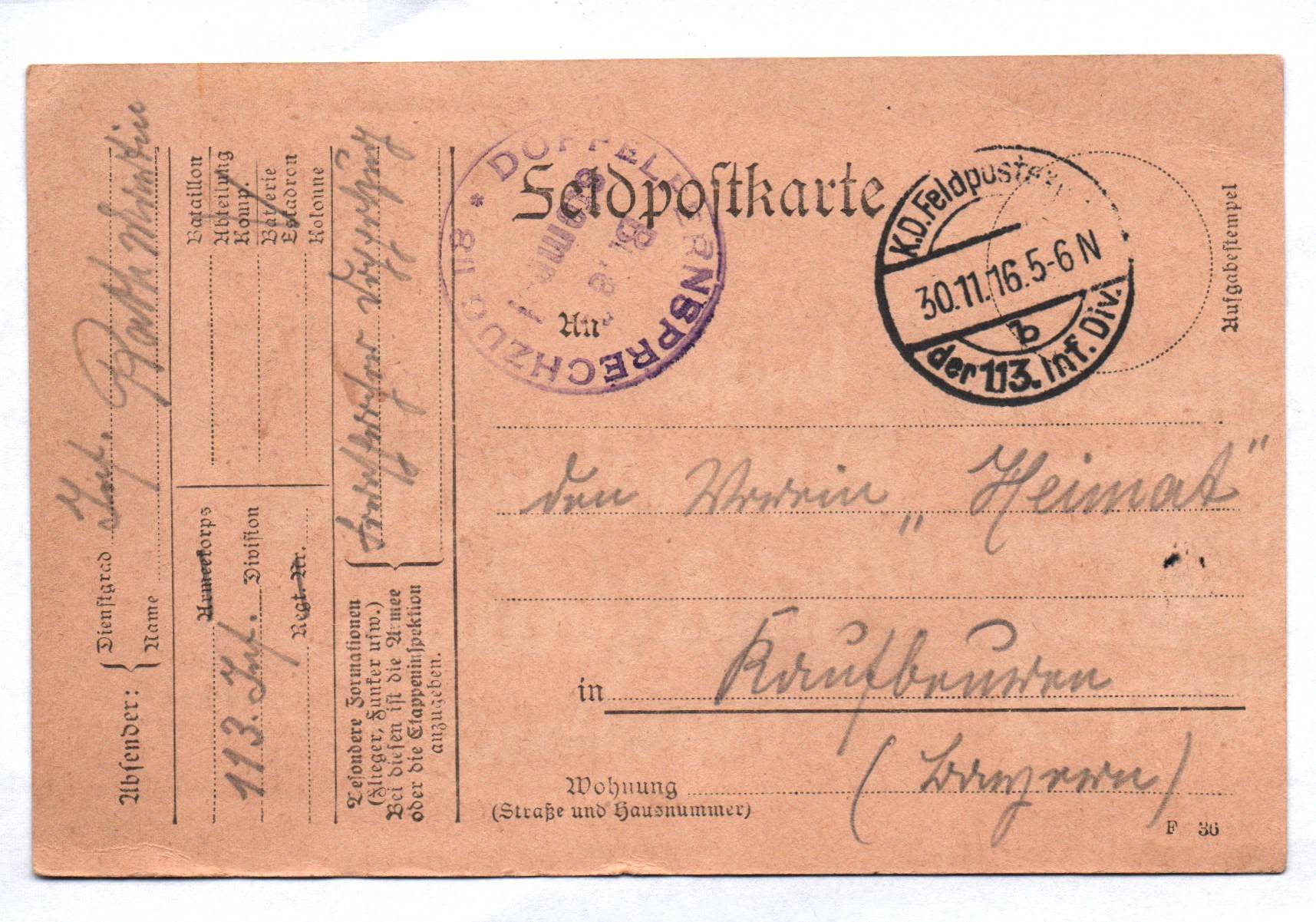 Feldpostkarte Stempel Doppel Fernsprech Zug 1916 Stempel Feldpost