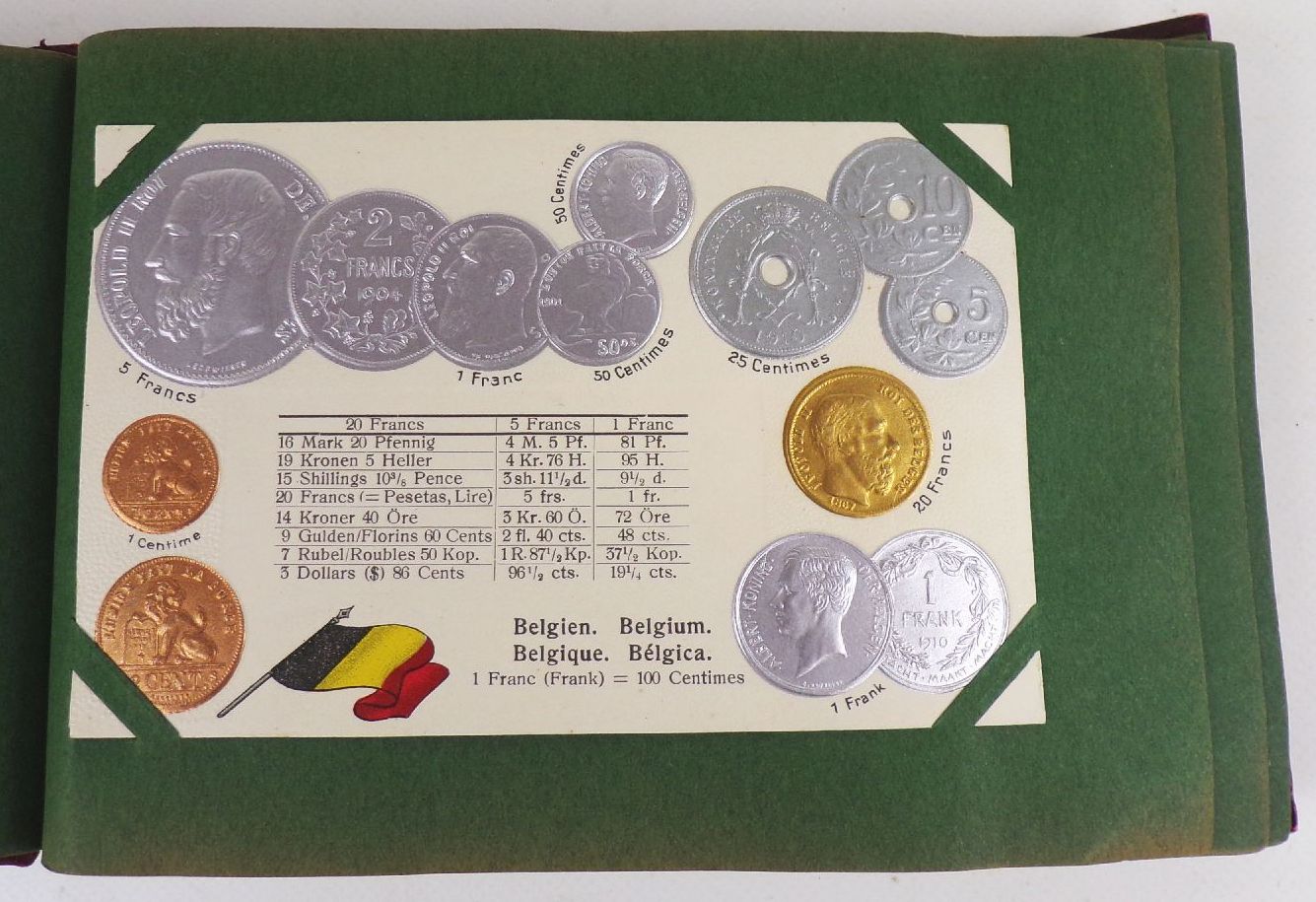 Geldsorten aller Länder Postkartenalbum Geld Münz Ansichtskarten um 1910 Rarität 45 Präge Ansichtskarten