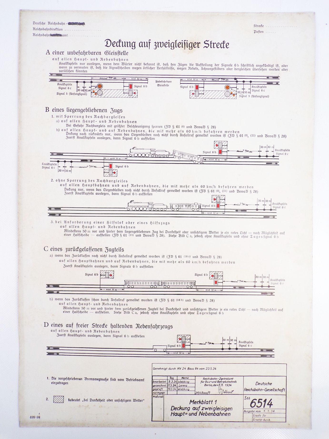 Altes Reichsbahn Schild Deckung auf eingleisiger Strecke 1934 Berlin Aushang