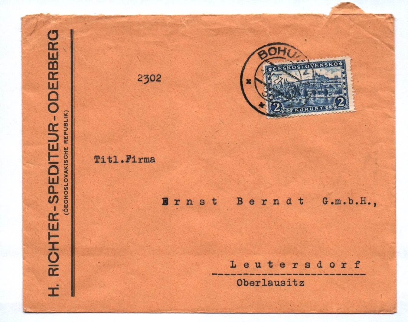 Brief H Richter Spediteur Oderberg 1927 Cechoslovakische Republik