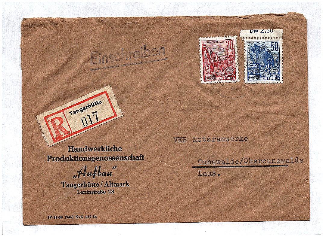 R Brief Tangerhütte Aufbau an VEB Motorenwerk Cunewalde DDR 1956