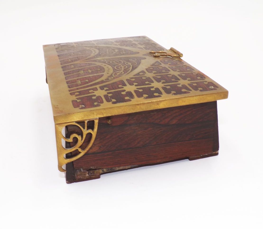 Jugendstil Erhard u Söhne Schatulle Messing Einlage Palisander Dose