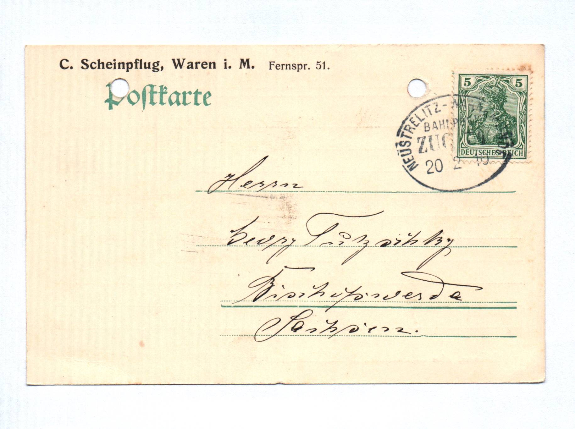 Postkarte 1910 Scheinpflug Waren Bahnpost