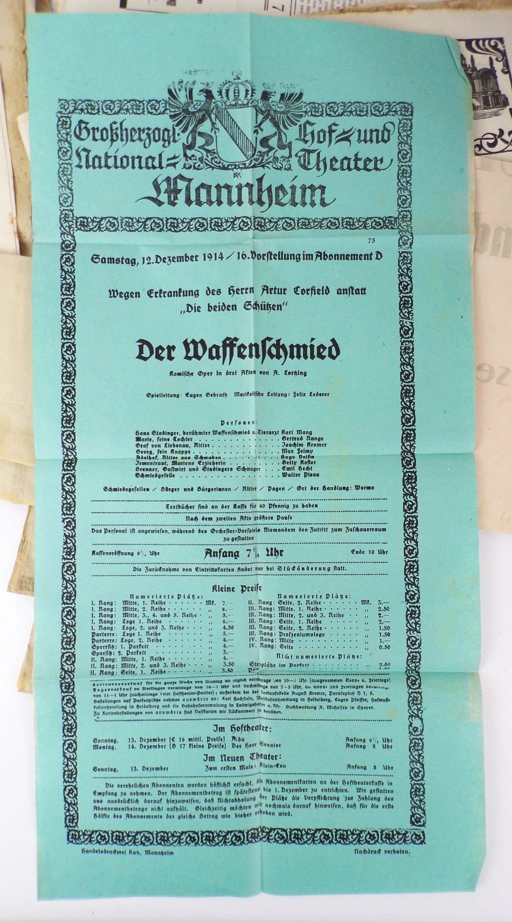 Konvolut Mannheim Theater Programme Plakate Aushänge um 1910 Konvolut Mannheim Theater Programme Plakate Aushänge um 1910