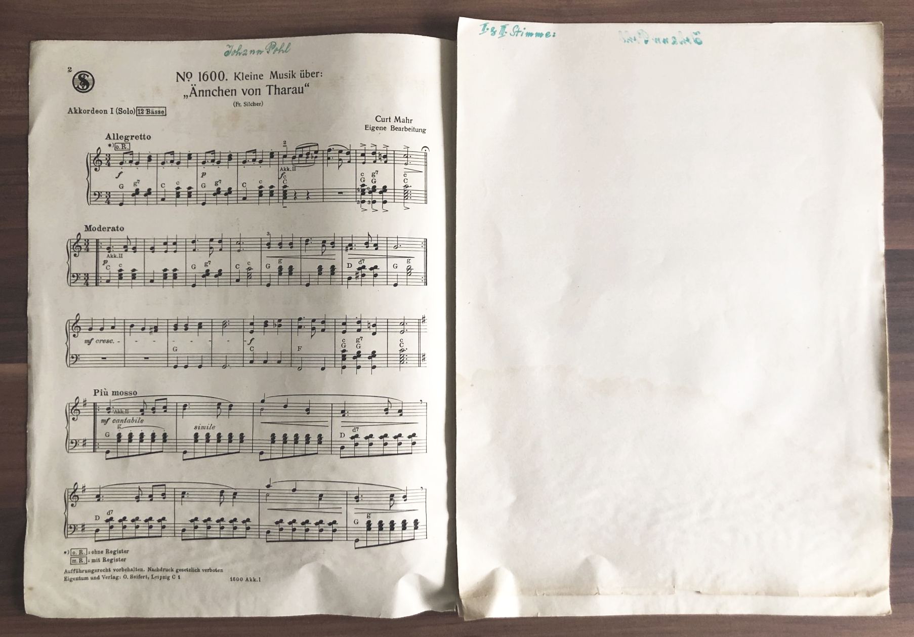 Seiferts Akkordeon Musik Ännchen von Tharau Liedtext Noten