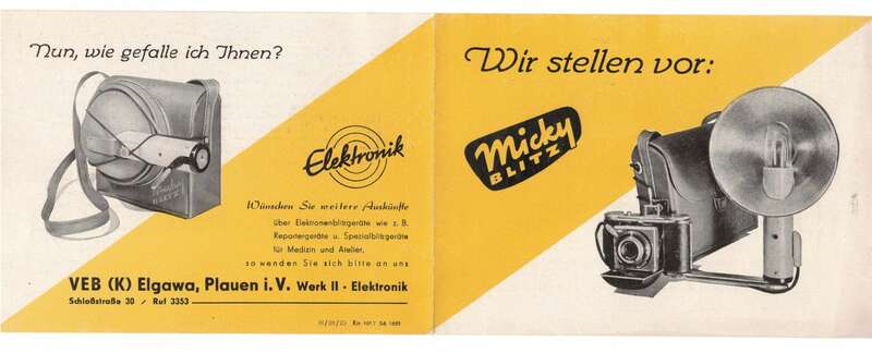 Faltblatt Micky Blitz Blitzgerät Fotozubehör VEB Elgawa Plauen 1956