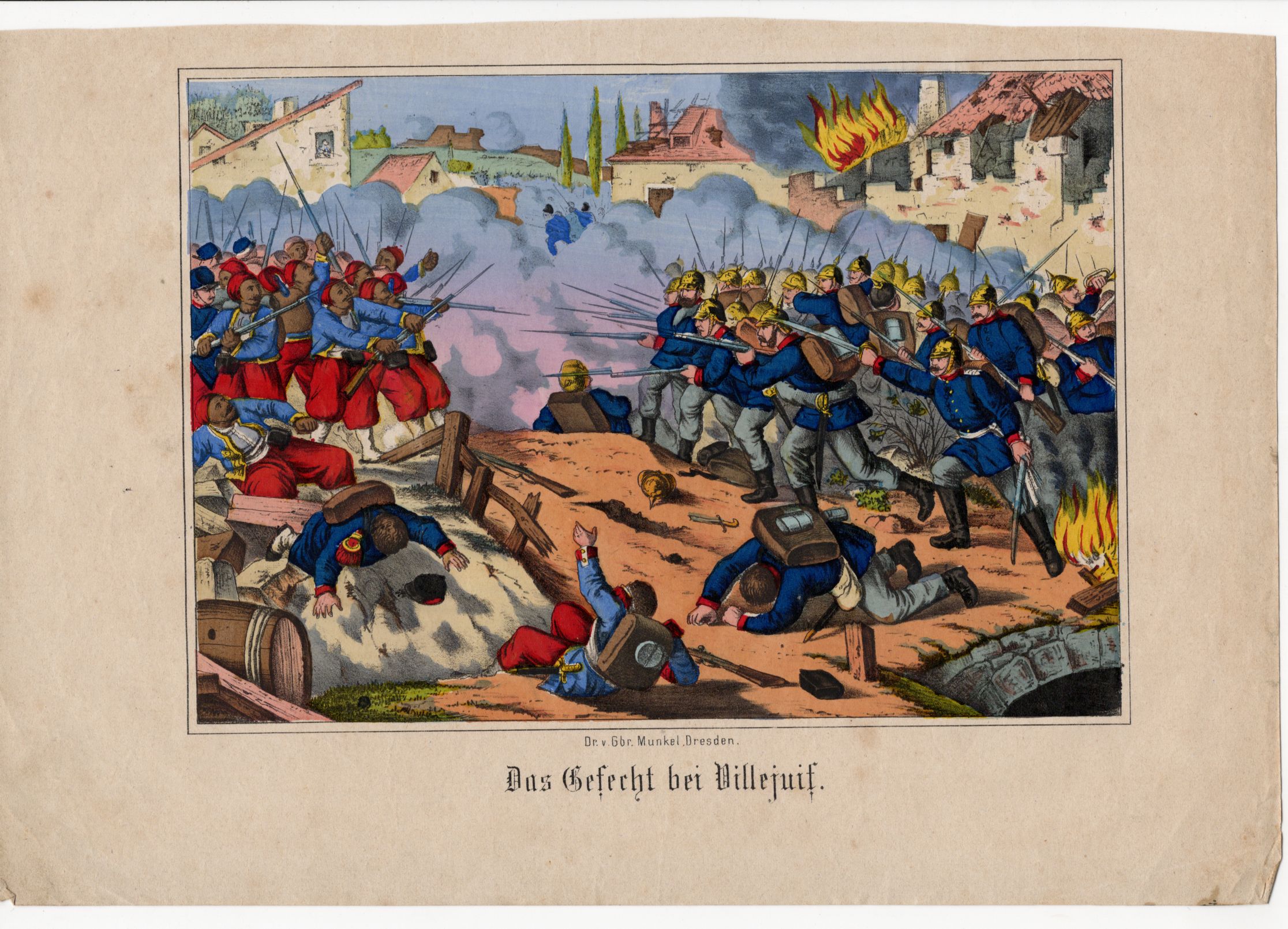 Alte Lithografie Das Gefecht bei Villejuif um 1870 handkoloriert