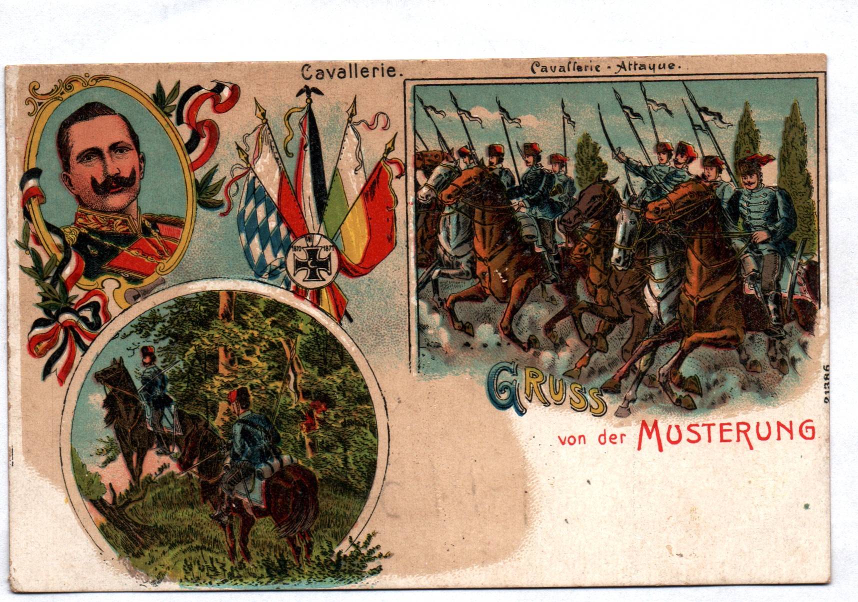 Litho Ak Gruss aus der Musterung Cavallerie Kaiser Wilhelm II 1915