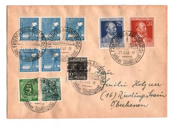 Mischfrankatur Brief 1948 Friedberg bei Augsburg Alliierte Besetzung 