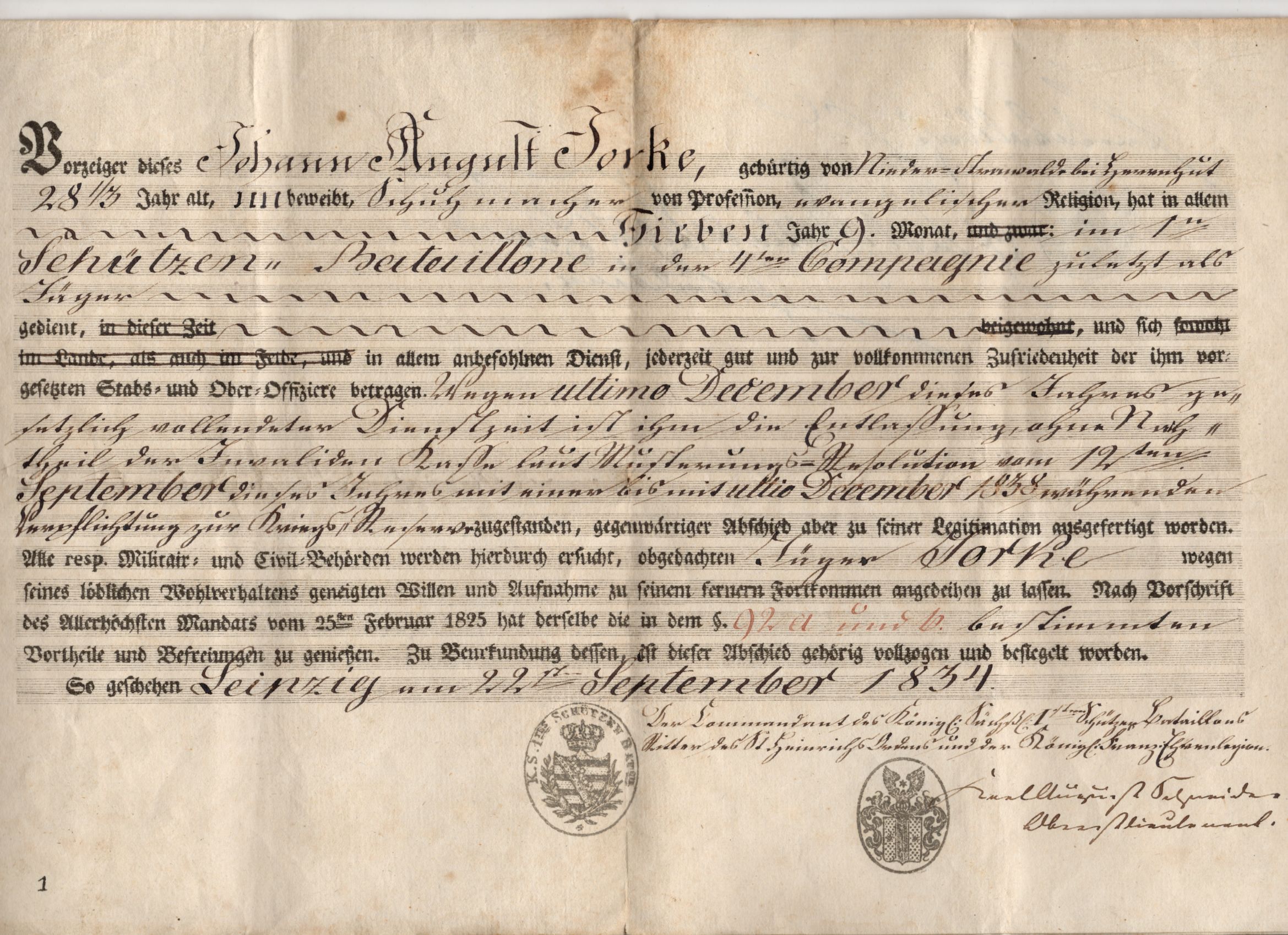 Entlassungsschein 1 Schützen Bataillon 4 Kompagnie Sachsen Leipzig 1834