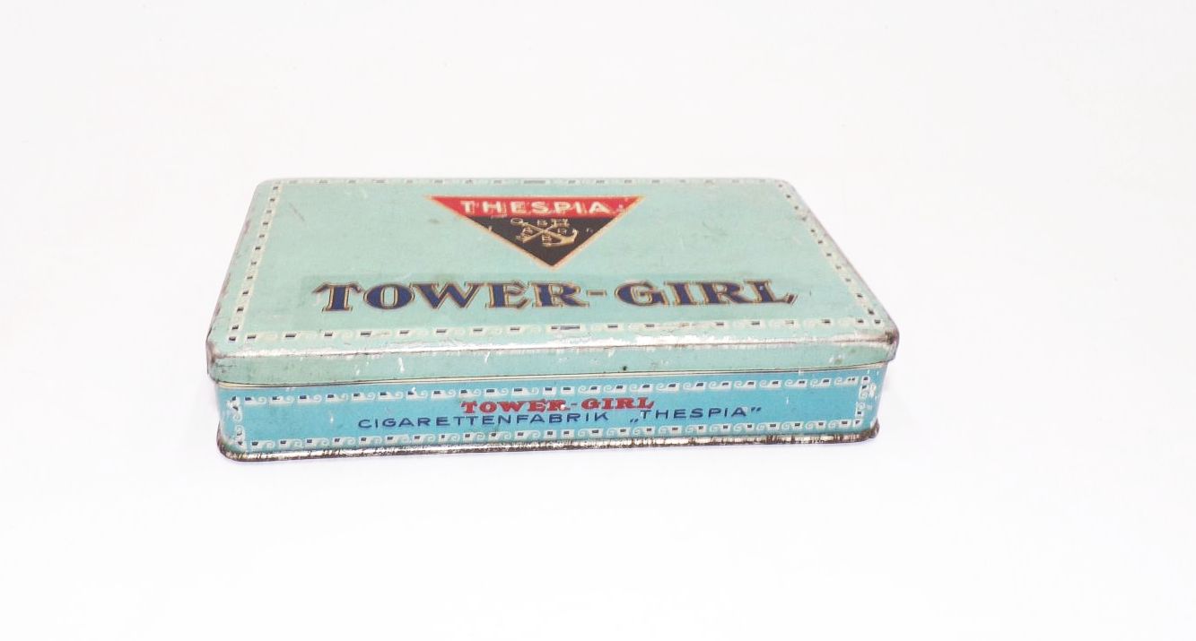 Alte Garbaty Blechdose Thespia Tower Girl Zigarettendose um 1910 Alte Garbaty Blechdose Thespia Tower Girl Zigarettendose um 1910