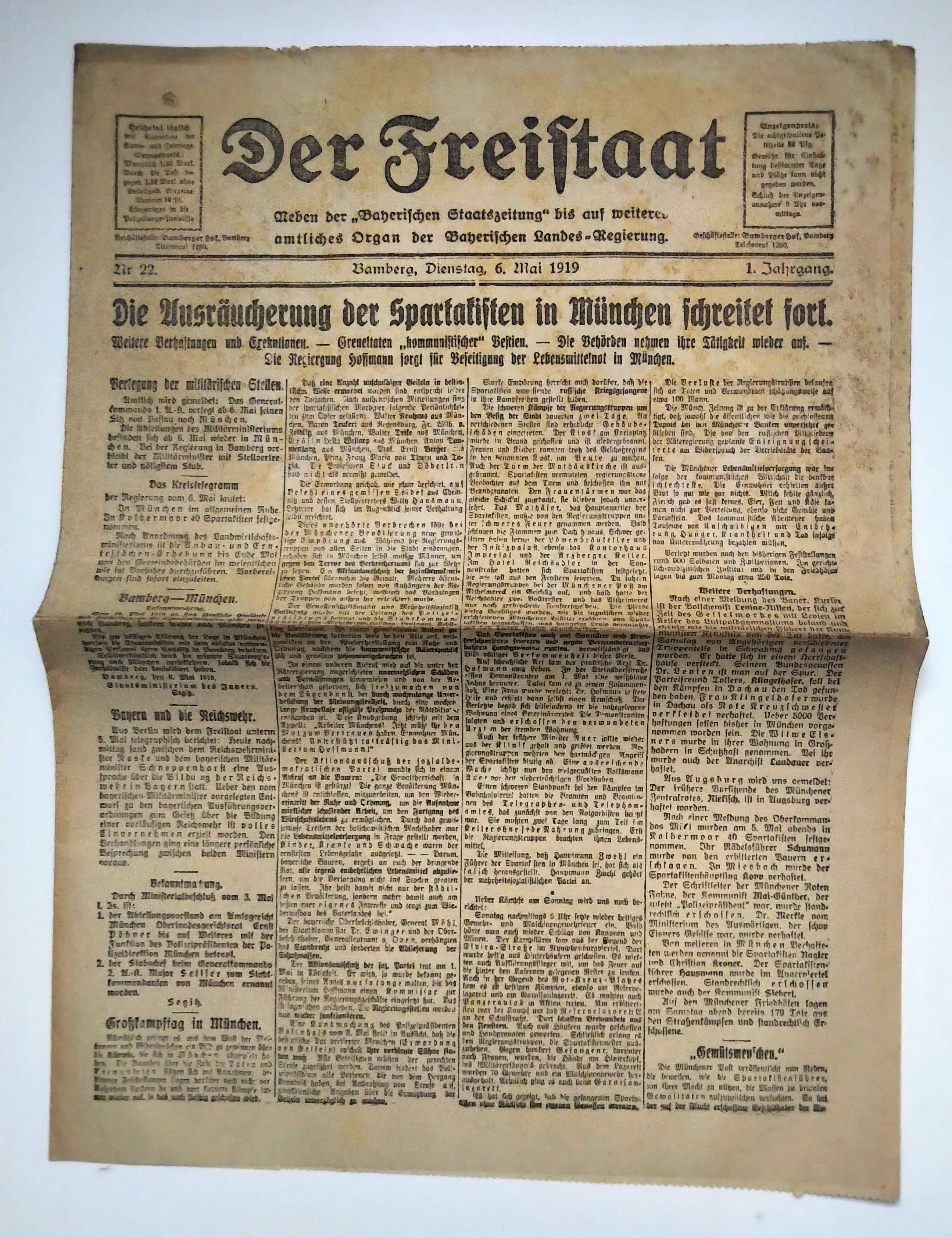 Der Freistaat 1919 Nr 22 Bamberg alte Zeitung München Ausräucherung Der Freistaat 1919 Nr 22 Bamberg alte Zeitung München Ausräucherung