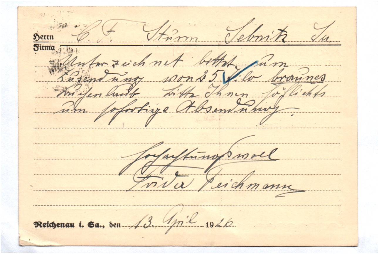 Firmen Postkarte 1926 Reinhard Teichmann Lebensmittel Zentrale Gärtnerei Reichenau Firmen Postkarte 1926 Reinhard Teichmann Lebensmittel Zentrale Gärtnerei Reichenau