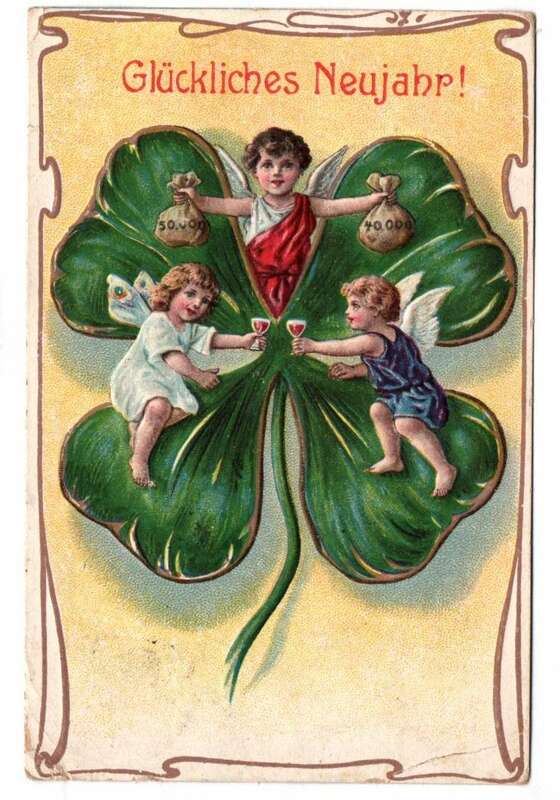 Jugendstil Ak Engel mit grossen Kleeblatt Glückliches Neujahr 1914