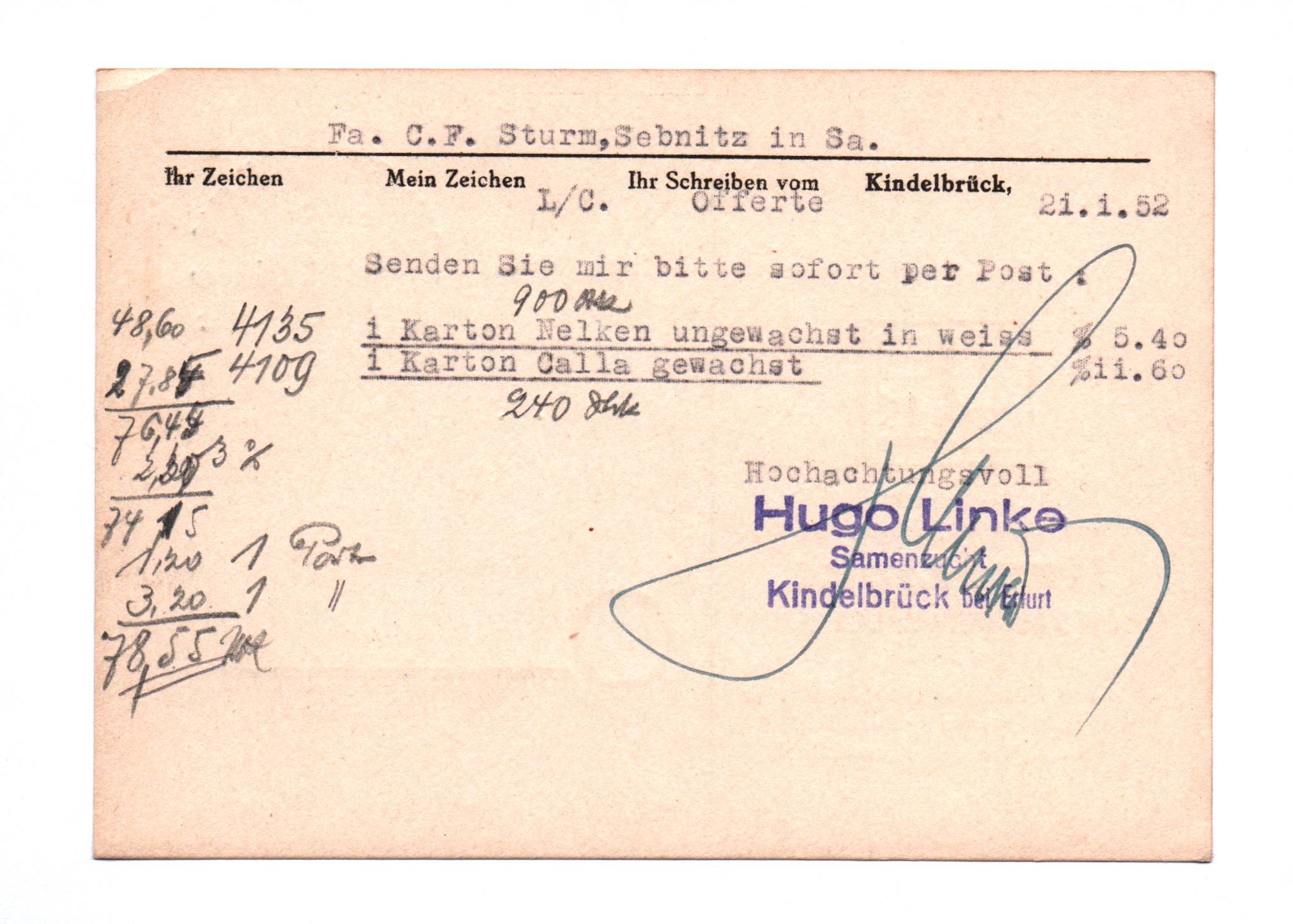 Postkarte Samenzucht Gartenbaubetrieb Versandgeschäft Kindelbrück Thüringen 1952 Postkarte Samenzucht Gartenbaubetrieb Versandgeschäft Kindelbrück Thüringen 1952