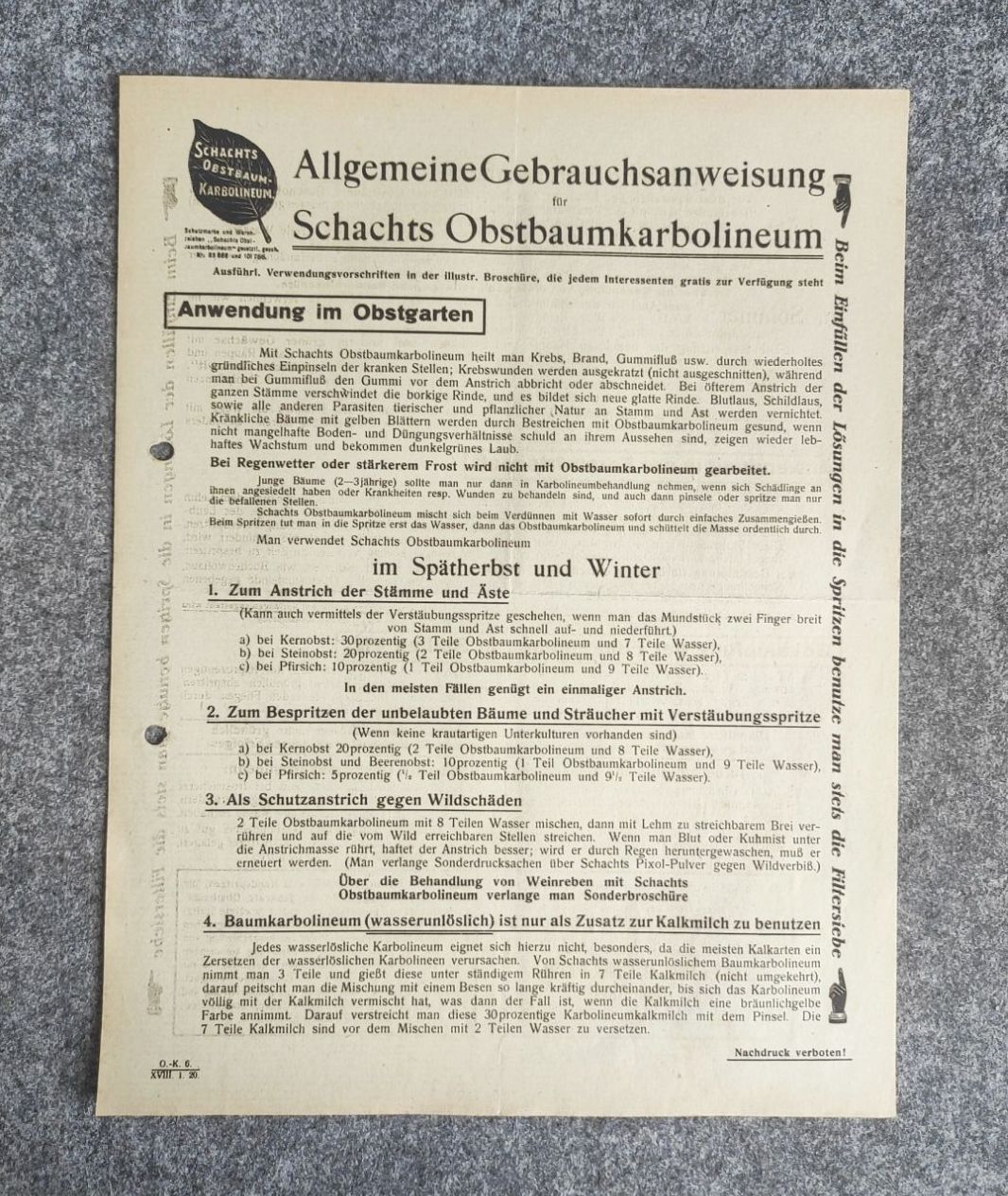 Alte allgemeine Gebrauchsanweisung Schachts Obstbaumkarbolineum Alte allgemeine Gebrauchsanweisung Schachts Obstbaumkarbolineum