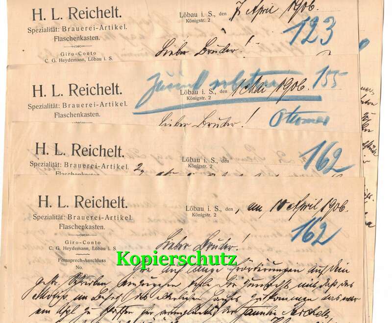 Konvolut 19  St. Briefkopf Reichelt Brauerei Artikel Löbau 1906 