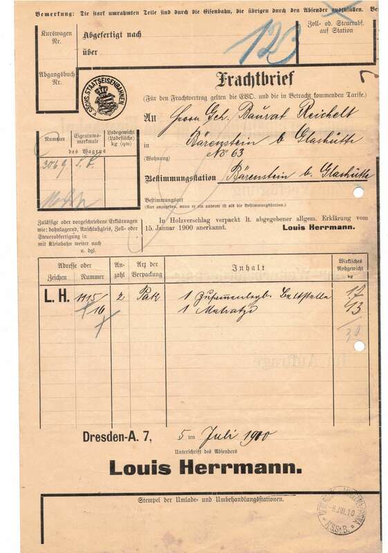 Frachtbrief Louis Herrman Dresden - Bärenstein 1900 Staatseisenbahn Stempel