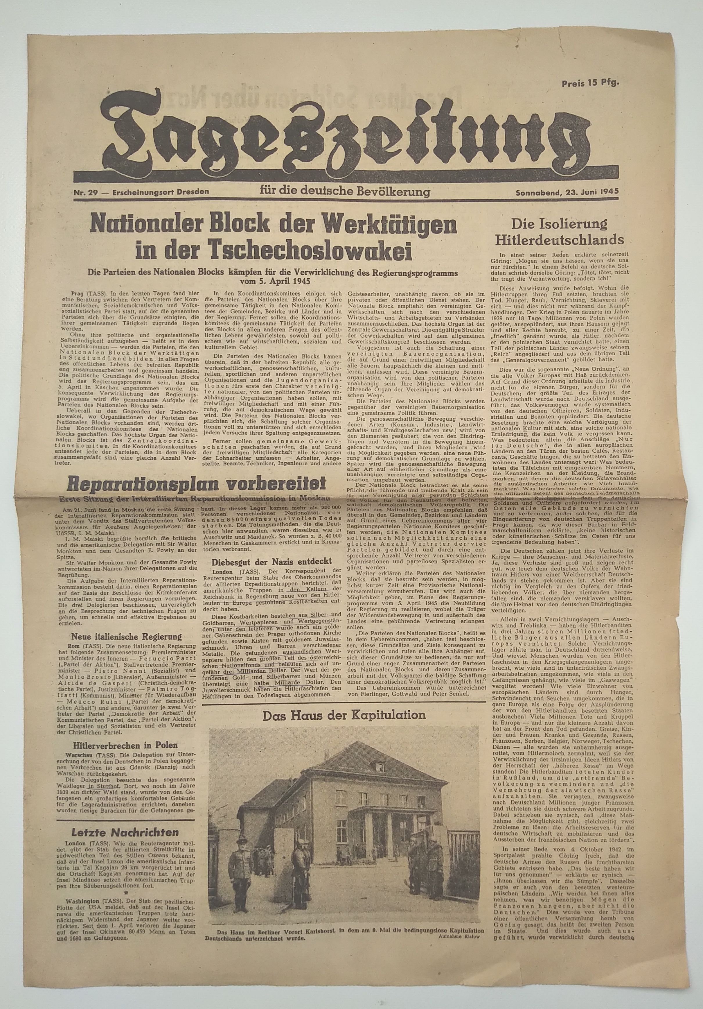 Tageszeitung Nationaler Block Tschechoslowakei 1945 Nr 29