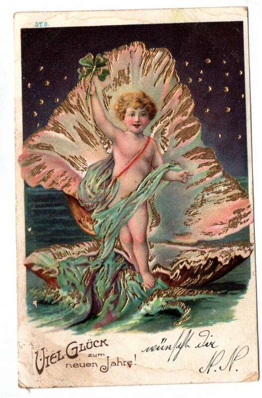 Ak Engel mit grosser Muschel Neujahr gold geprägt um 1910