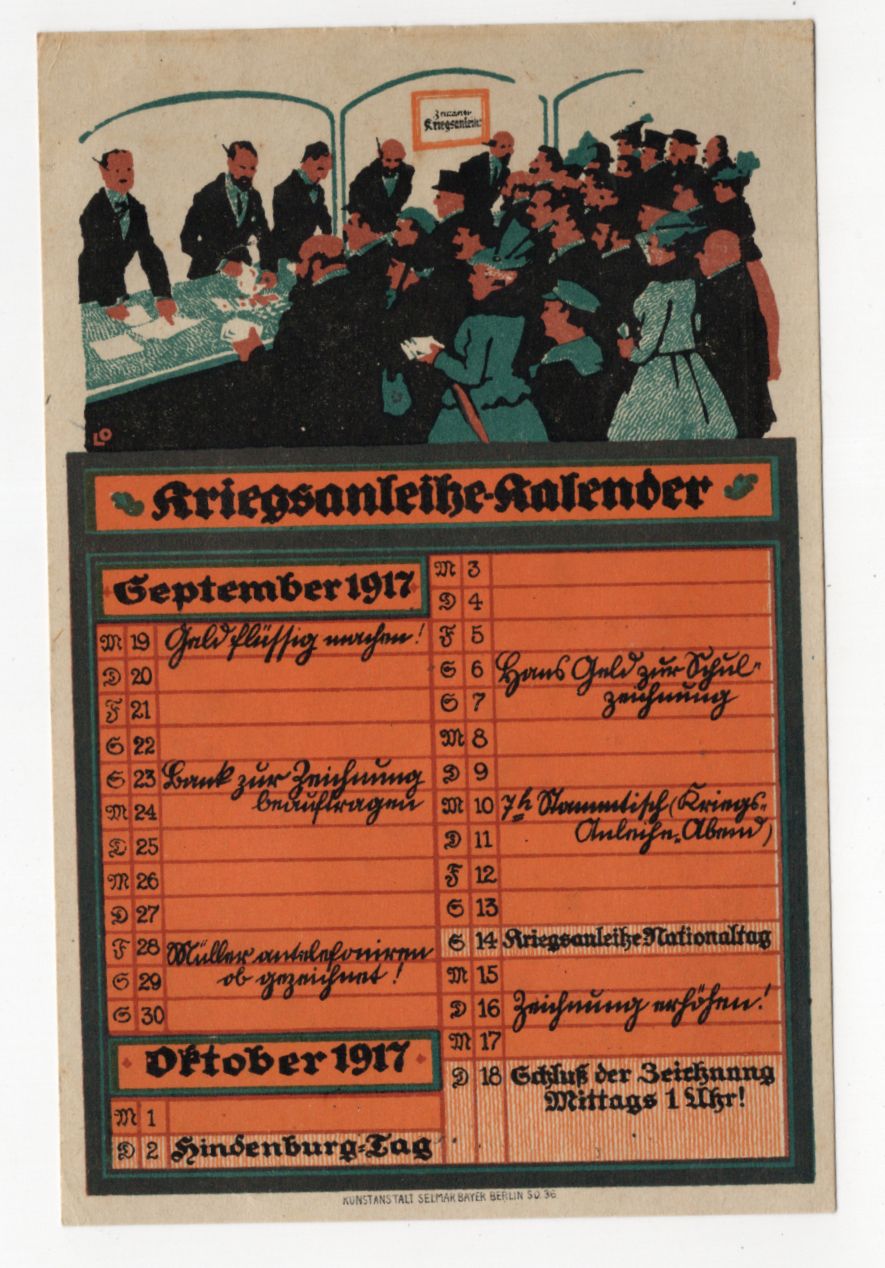 Karte Kriegsanleihe Kalender September 1917 Druck 