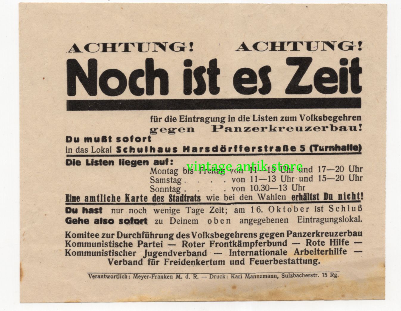 Panzerkreuzerbau Volksbegehren 1929 Wahl Politik KPD Berlin 2 x Flugblatt