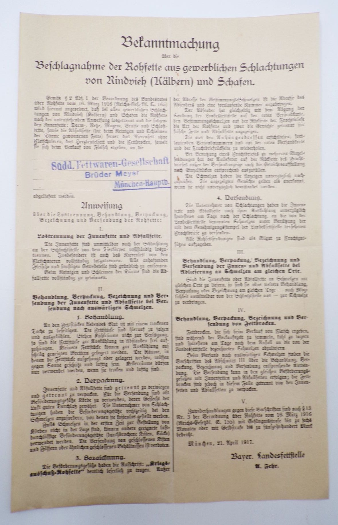 Dokumente Rationierung Fette 1917 Donauwörth Landesfettstelle Rohfette