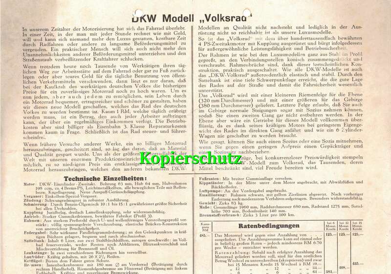 Altes DKW Volksrad Werbeblatt Autounion Motorrad Oldtimer 1930er 
