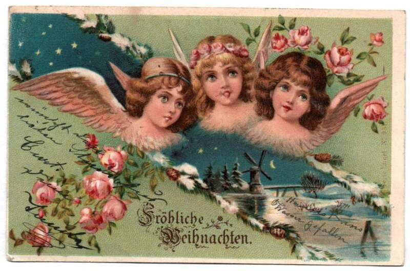 Ak drei Engel mit Rosen Windmühle fröhliche Weihnachten 1902