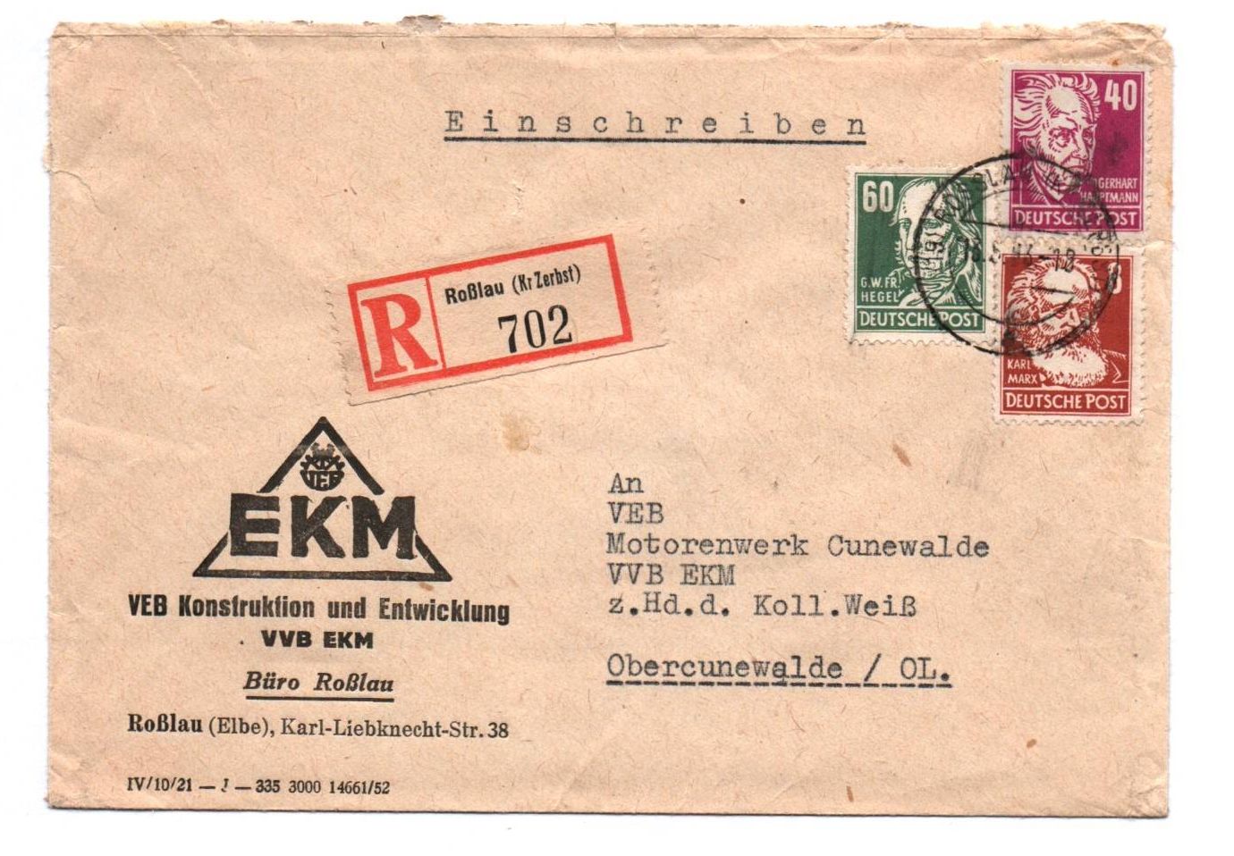 R Brief Roßlau Kr Zerbst EKM Köpfe nach Cunewalde 1953