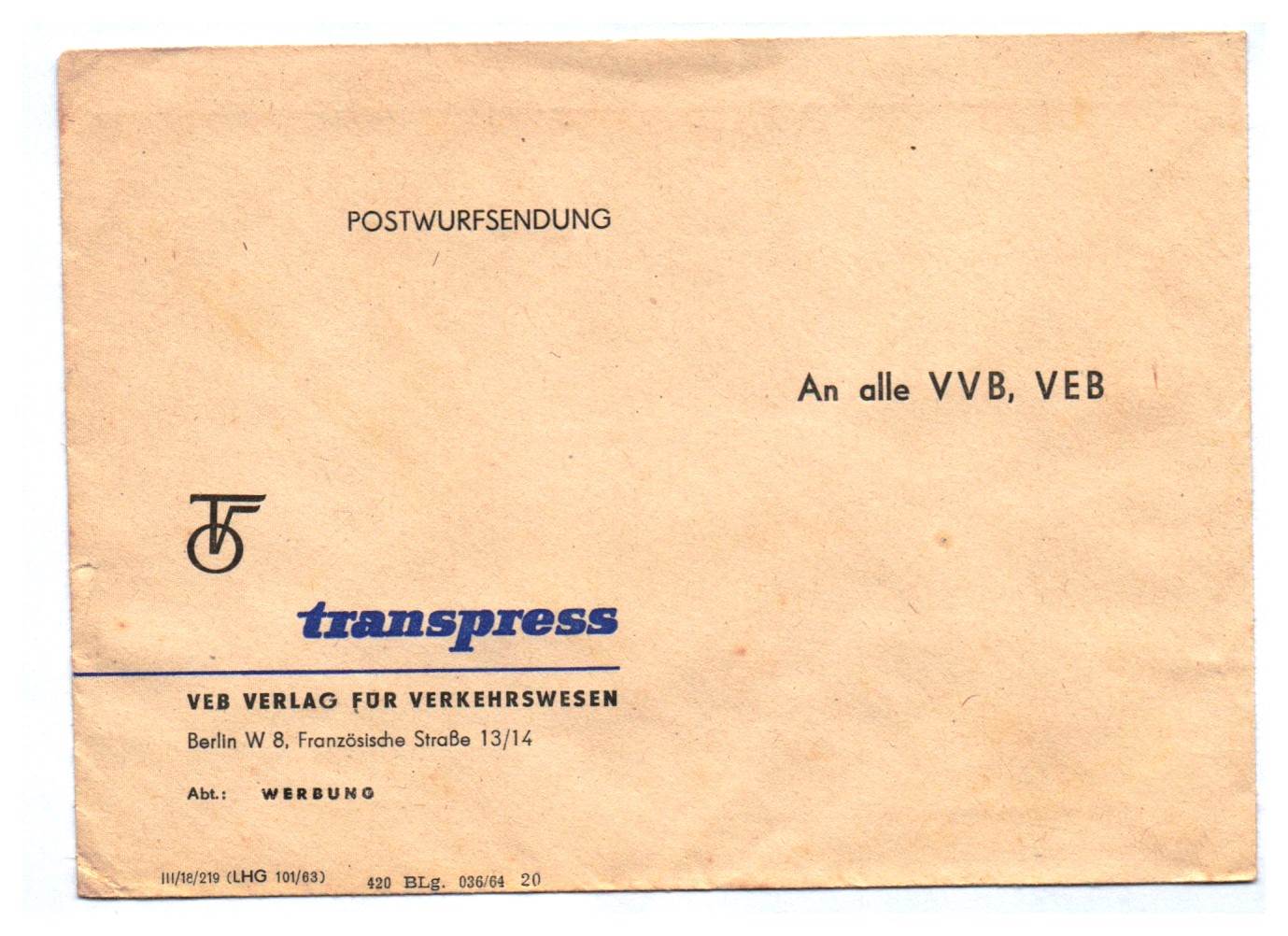 Postwurfsendung transpress VEB Verlag für Verkehrswesen DDR Postwurfsendung transpress VEB Verlag für Verkehrswesen DDR