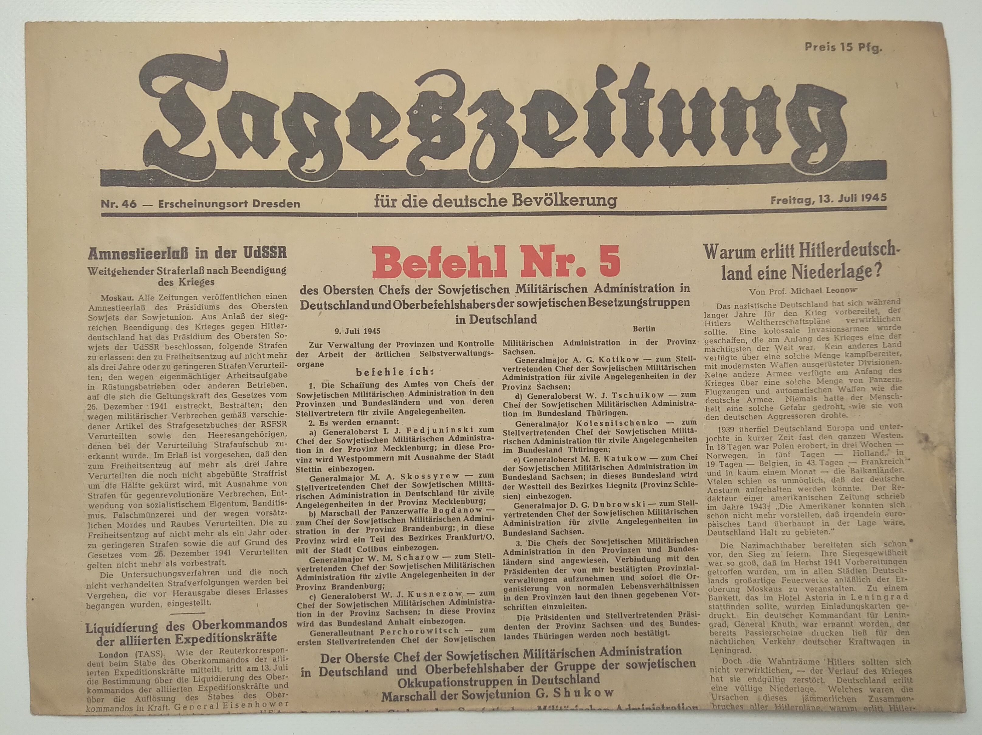 Tageszeitung Sowjetische Besatzungstruppen in Deutschland 1945 Nr 46