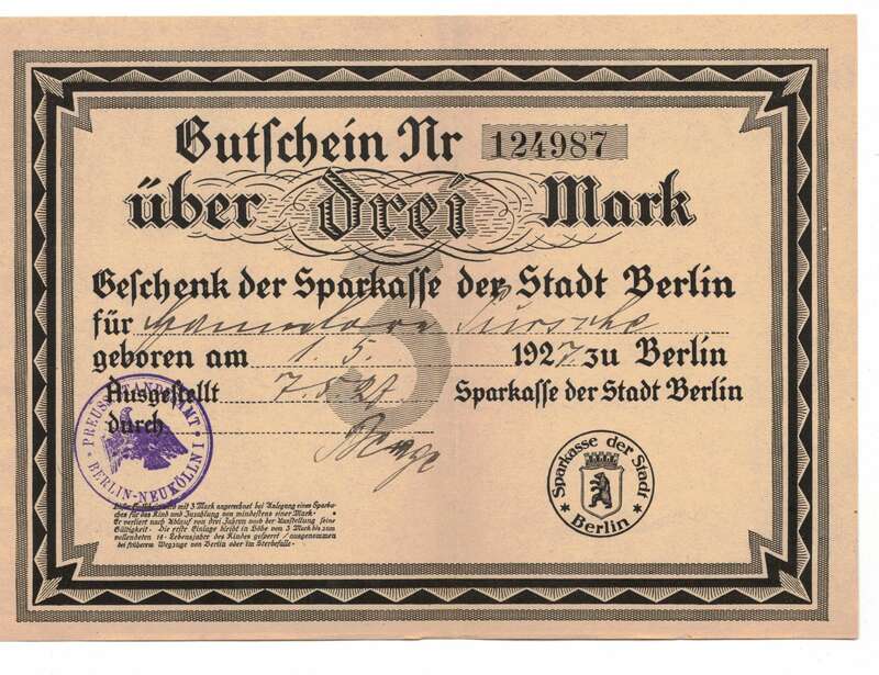 Geschenk der Sparkasse Berlin 1927 Neukölln Gutschein Drei Mark