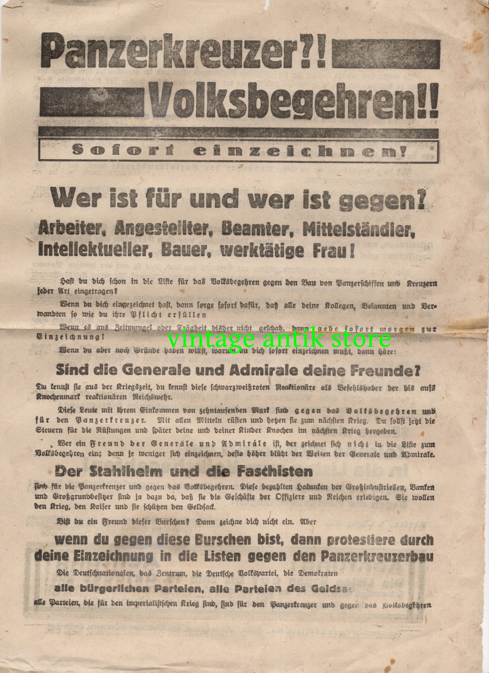 Panzerkreuzerbau Volksbegehren 1929 Wahl Politik KPD Berlin 2 x Flugblatt
