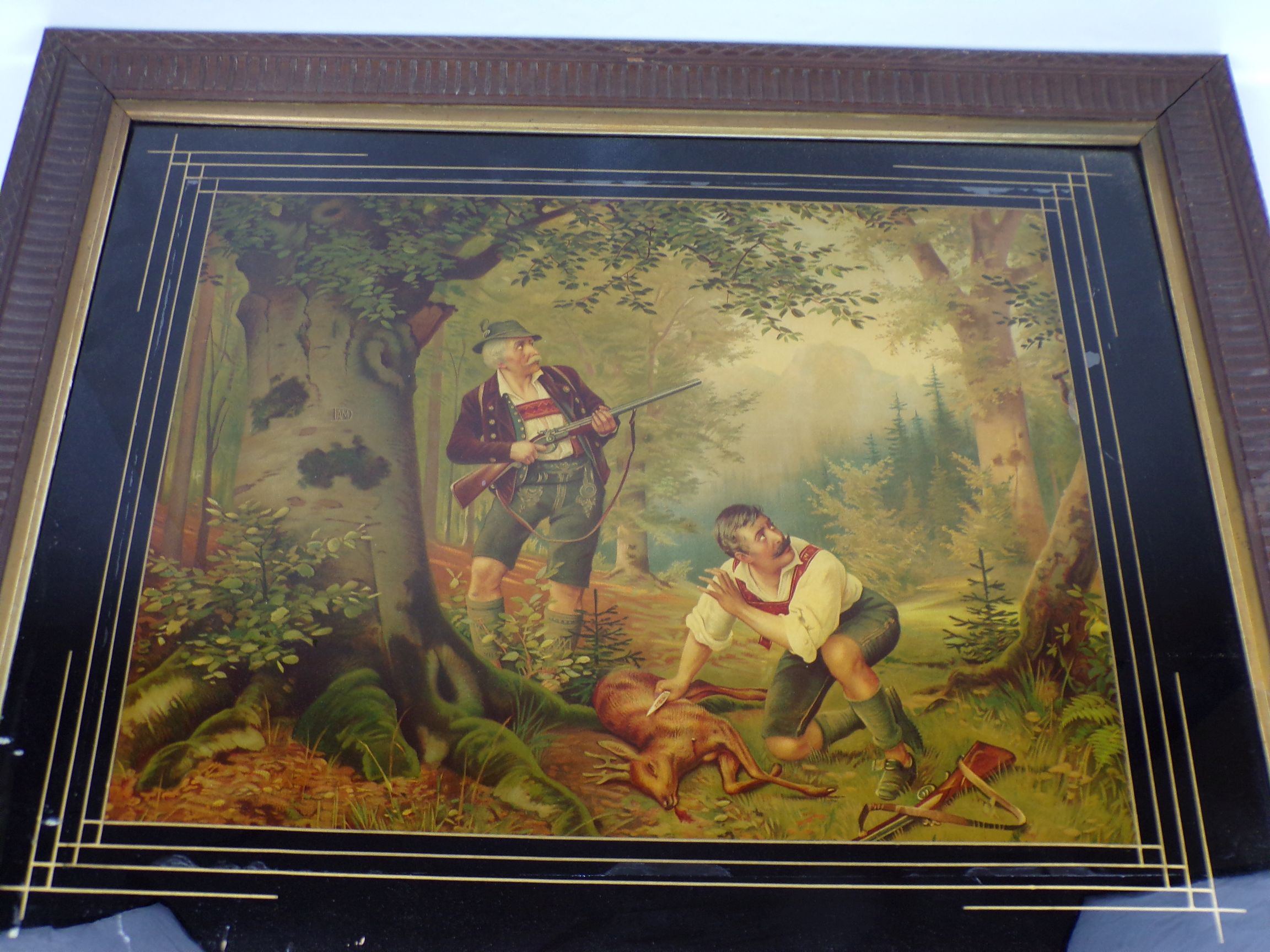 Altes Bild Stülpner Karl Jagdszene um 1900 Hinterglas Druck Siebdruck 