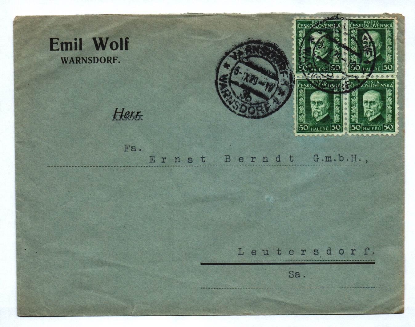 Brief Emil Wolf 1929 Warnsdorf