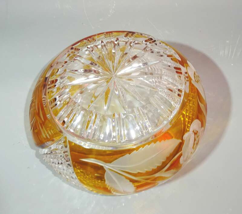 Kristall Schale Schwan Blumen Orange Gelb Vintage Kristallschale 