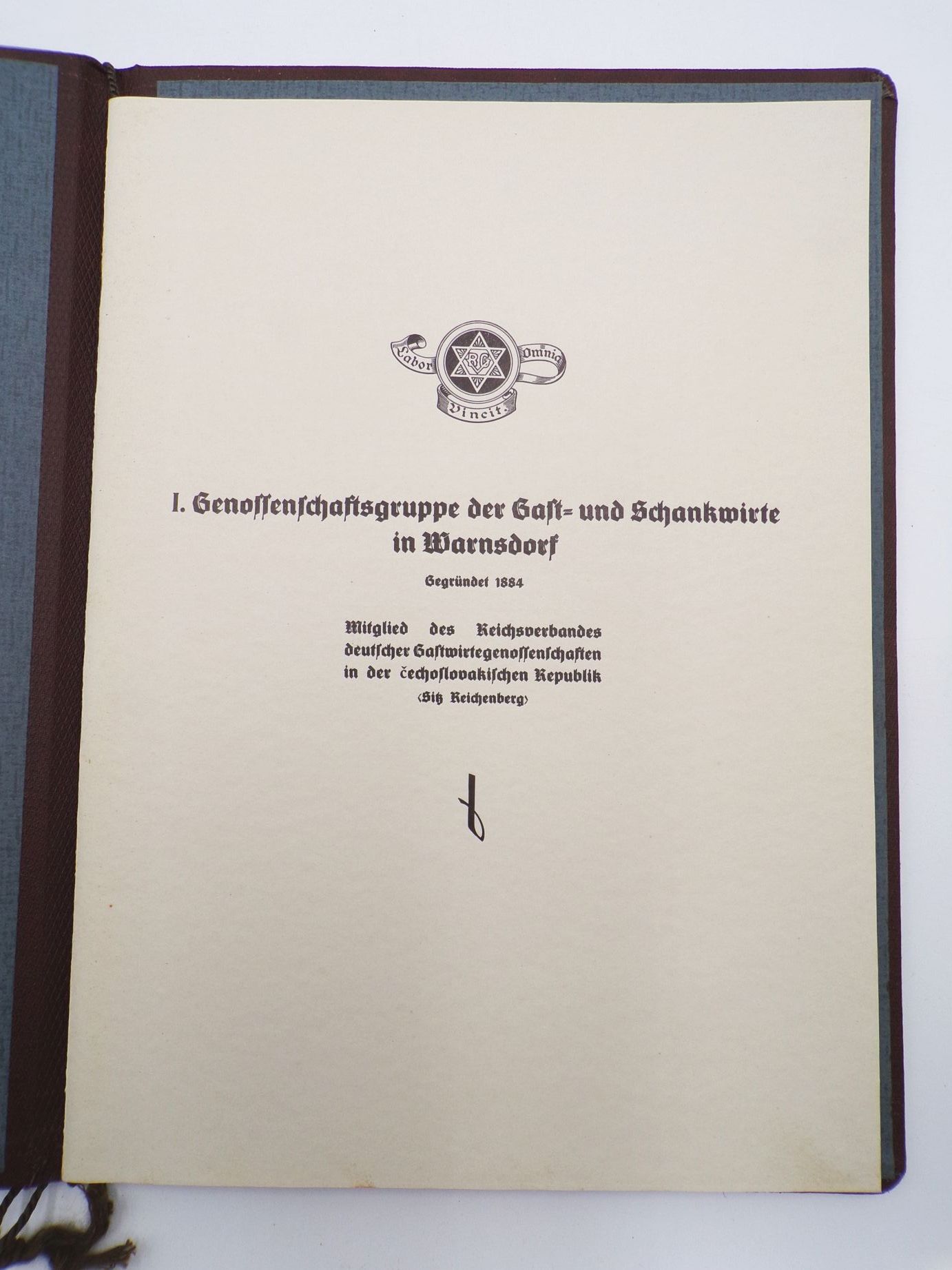 Ehren Urkunde Genossenschaftsgruppe Gastwirte Schankwirte Warnsdorf 1934