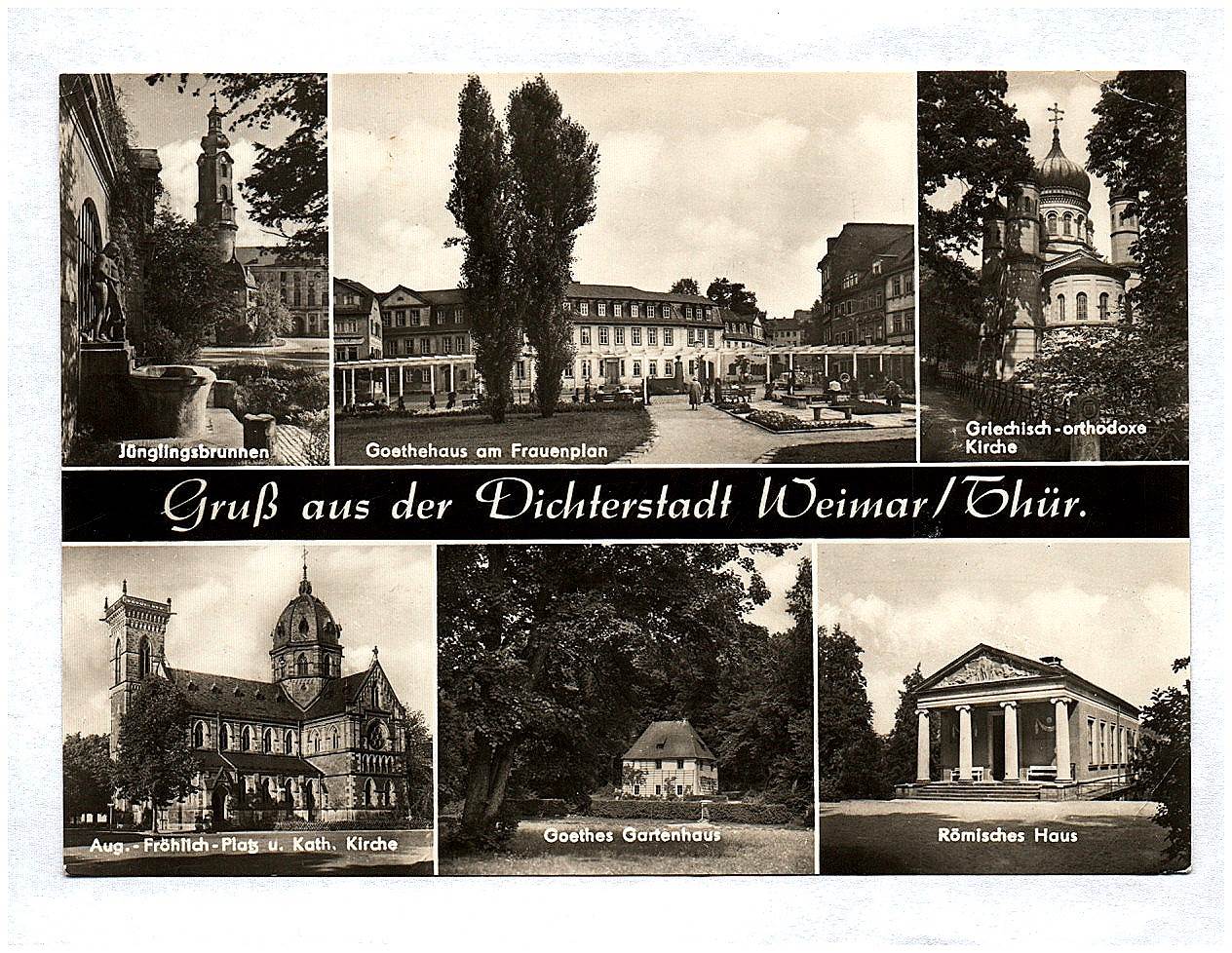 Ak Gruß aus der Dichterstadt Weimar Thüringen Goethes Gartenhaus Römisches Haus Jünglingsbrunnen DDR Ak Gruß aus der Dichterstadt Weimar Thüringen Goethes Gartenhaus Römisches Haus Jünglingsbrunnen DDR