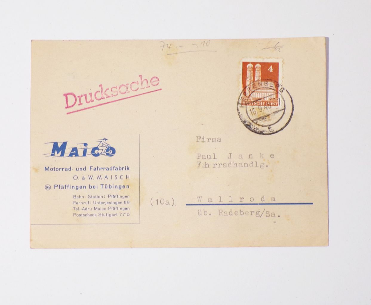 Drucksache Maico Motorradfabrik Fahrradfabrik Pfäffingen bei Tübingen 1948