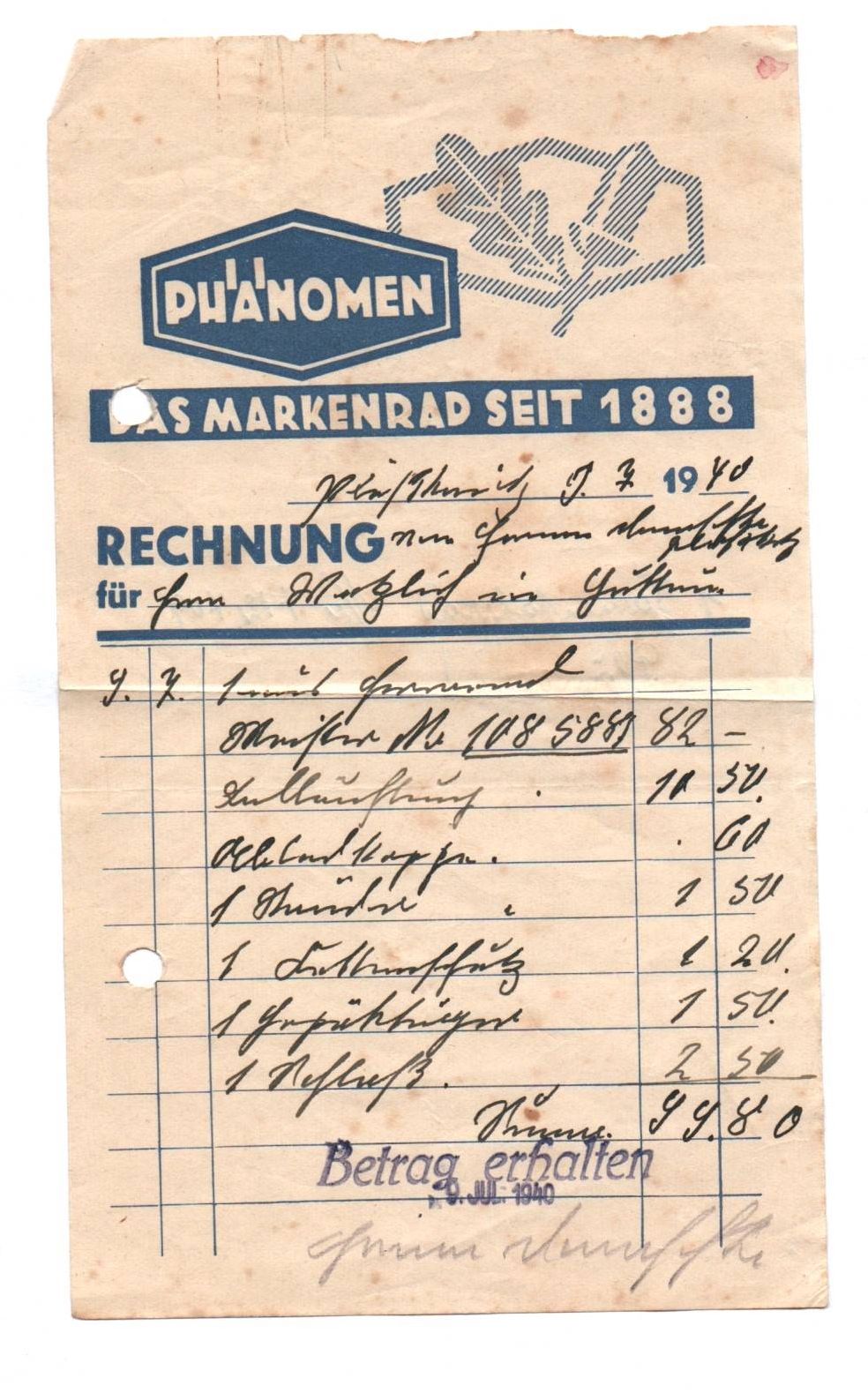 Phänomen Rechnung 1940 Fahrrad Werbepapier