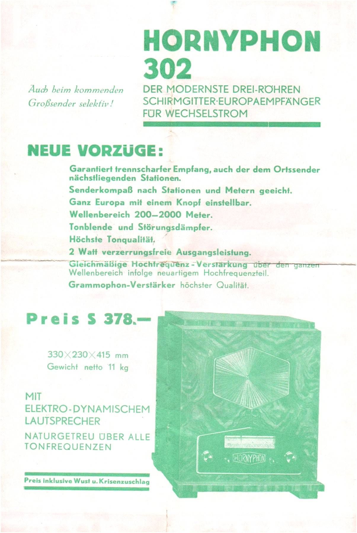 Werbe Prospekt Hornyphon 302 Radio um 1930 Werbe Prospekt Hornyphon 302 Radio um 1930