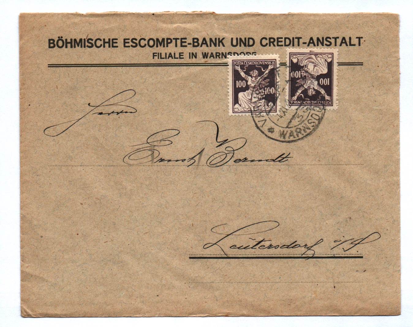Brief Böhmische Escompte Bank Credit Anstalt Filiale in Warnsdorf 1922